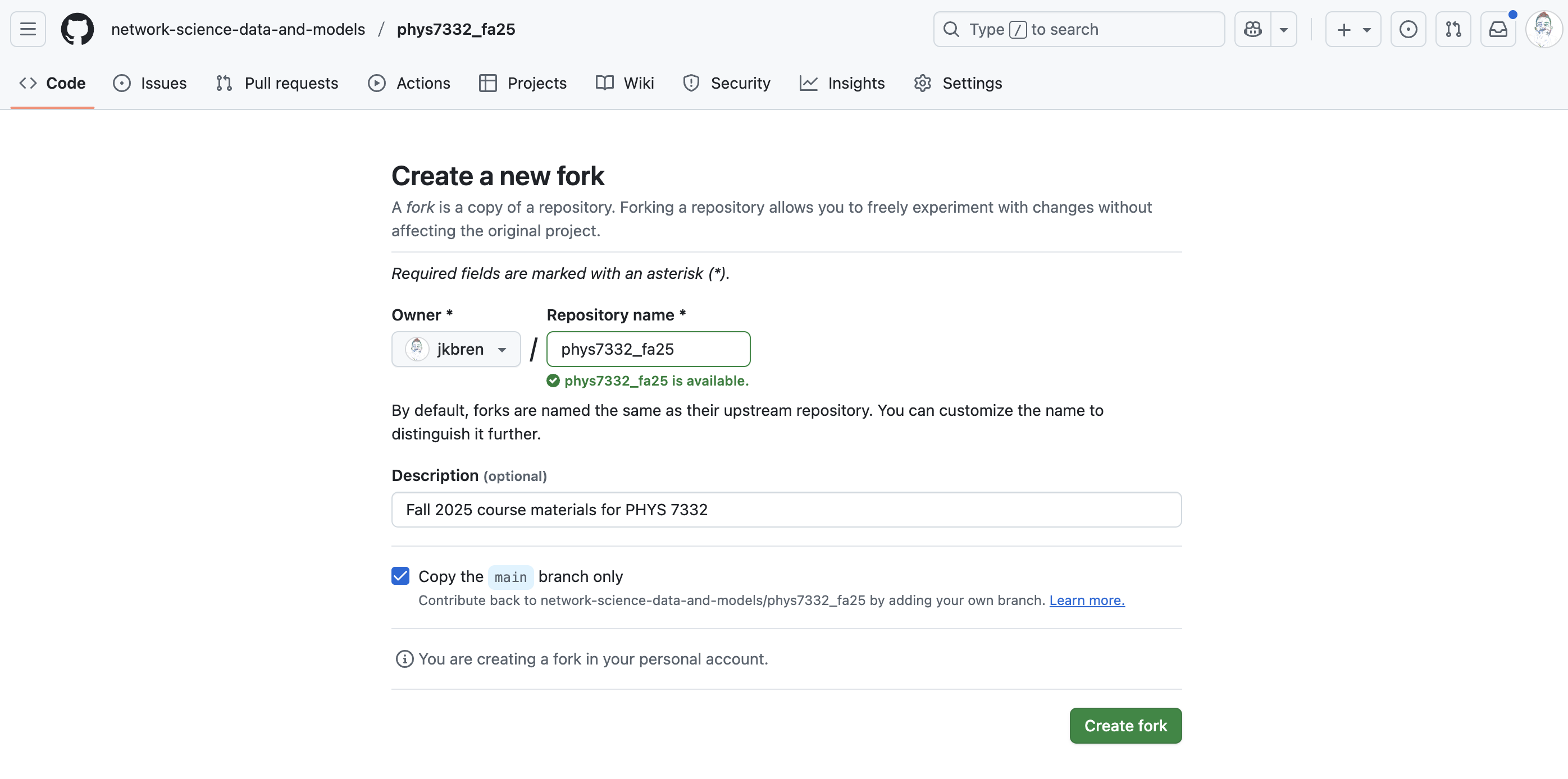 a screenshot of fork creation
